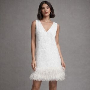 BCBGMAXAZRIA Jacquard Textured Feather-Trim V-Neck Mini Dress. White. Size 2